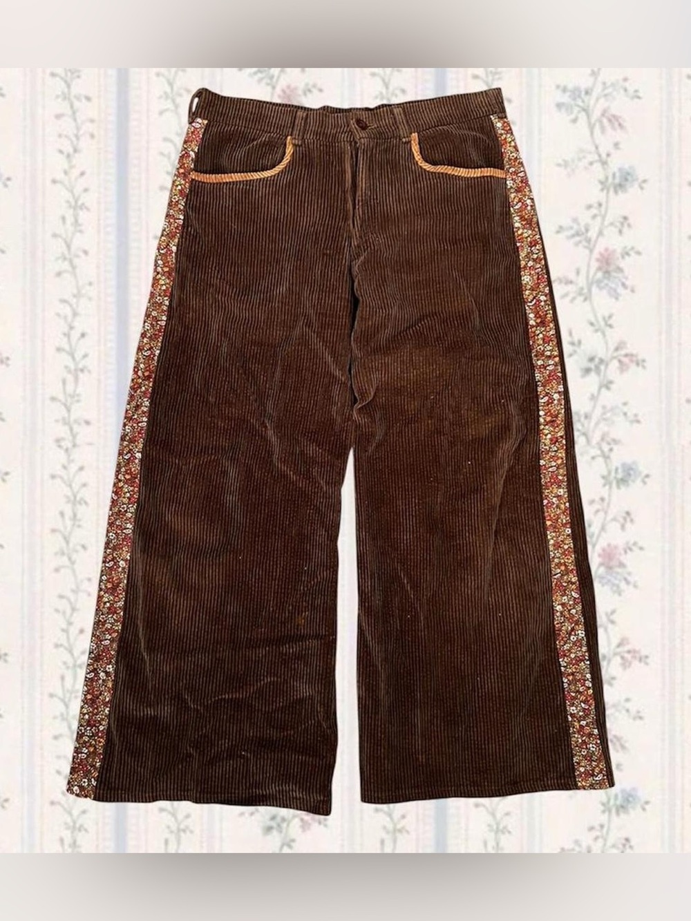 Brown Corduroy Wide-Leg Pants with Floral Side Trim